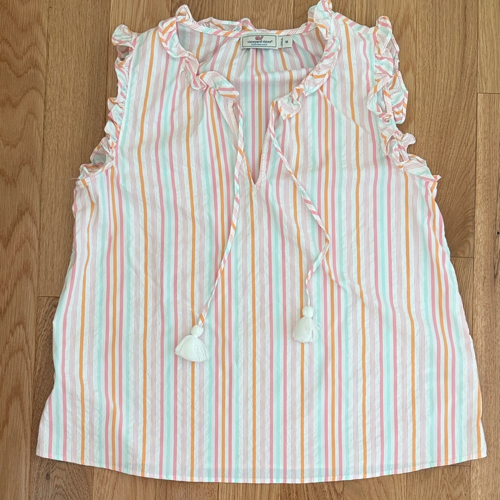 EUC Vineyard Vines Pastel Striped Harbor Ruffle Blouse